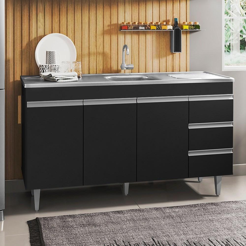 Balcão Gabinete Com Pia Inox 150Cm 3 Portas Andréia Preto - 4