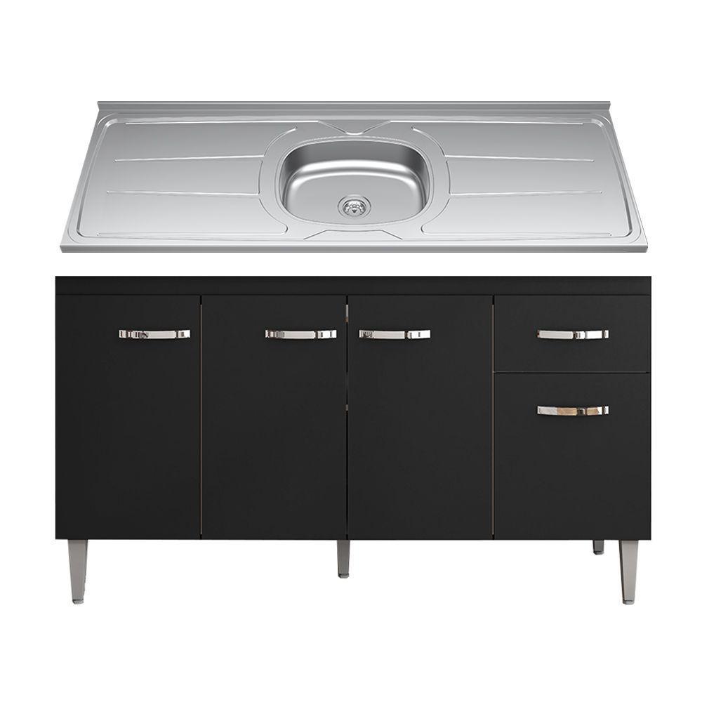 Balcão Gabinete Com Pia Inox 150cm 4 Portas E 1 Gaveta Gabriela Preto - Ajl Móveis - 1
