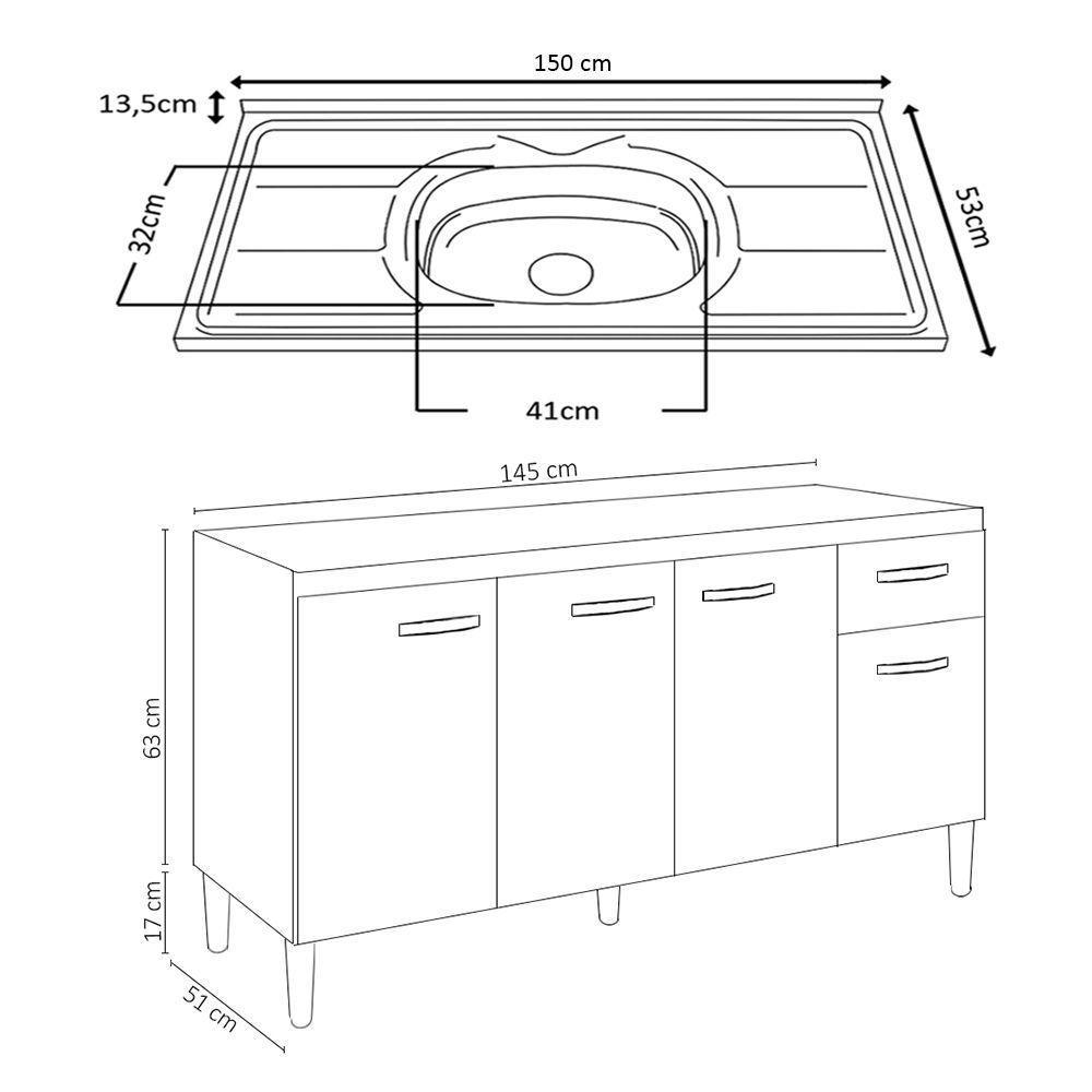 Balcão Gabinete Com Pia Inox 150cm 4 Portas E 1 Gaveta Gabriela Preto - Ajl Móveis - 2
