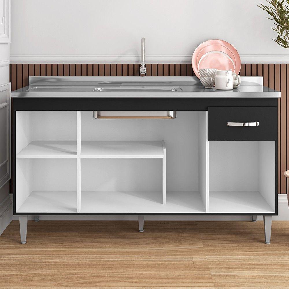 Balcão Gabinete Com Pia Inox 150cm 4 Portas E 1 Gaveta Gabriela Preto - Ajl Móveis - 3