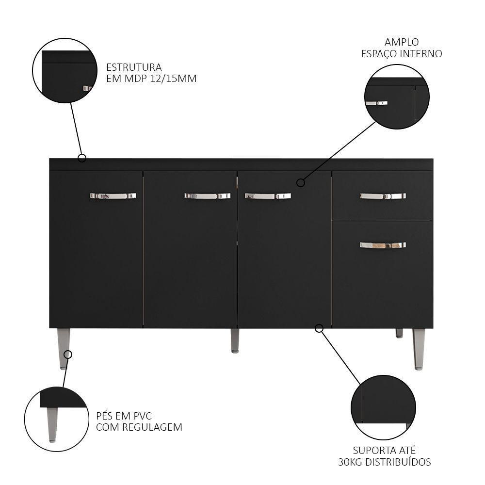 Balcão Gabinete Com Pia Inox 150cm 4 Portas E 1 Gaveta Gabriela Preto - Ajl Móveis - 7