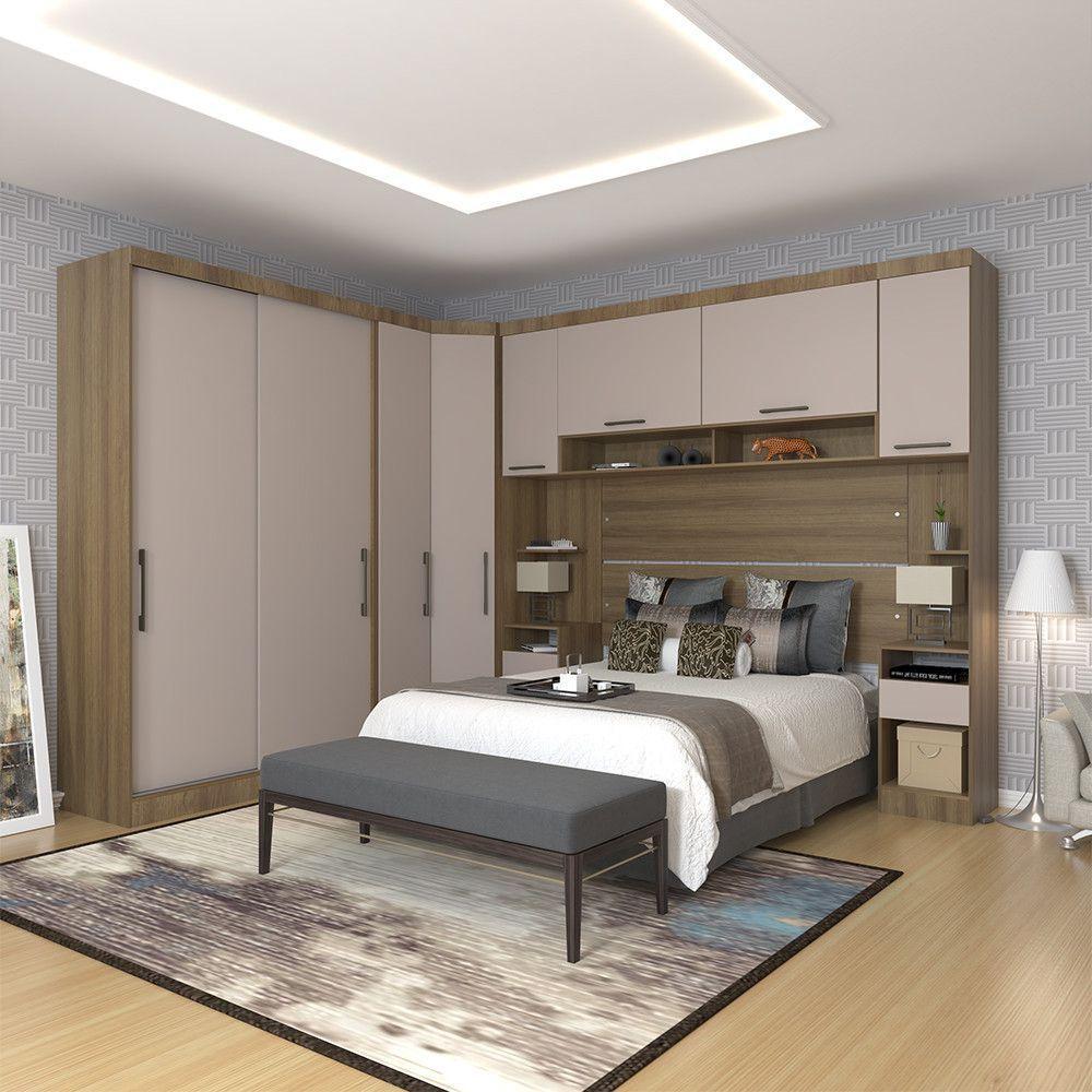 Quarto De Canto Casal Com Guarda Roupas Cabeceira E Mesas De Cabeceira Paris Luciane Móveis Avelã Pf Com Cinammon Pf - 1