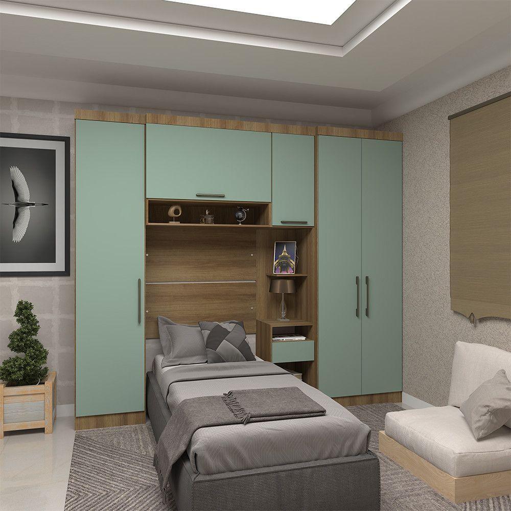 Quarto De Solteiro Com Guarda Roupas E Mesa De Cabeceira Paris Luciane Móveis Avelã Pf Com Verde Pf - 1