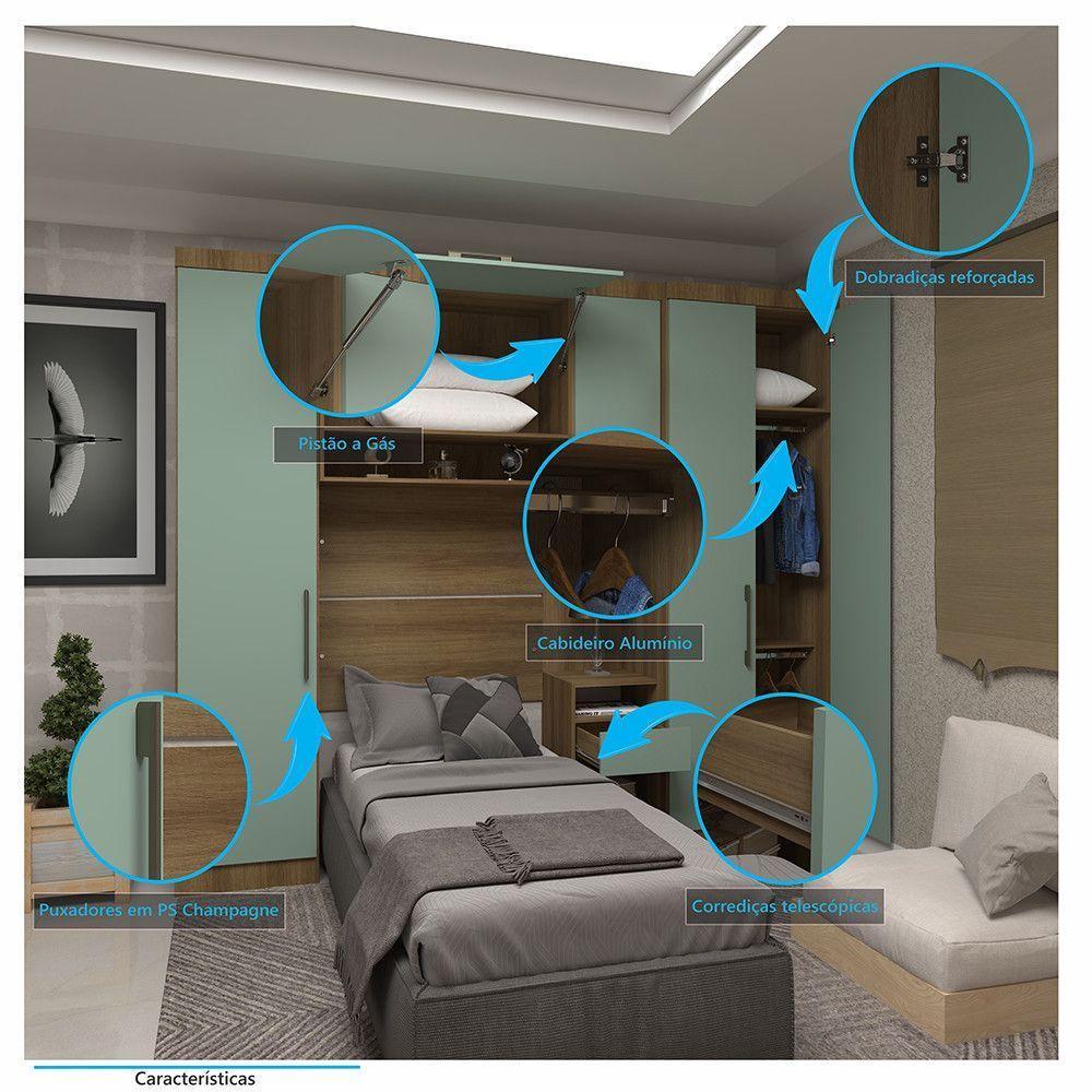 Quarto De Solteiro Com Guarda Roupas E Mesa De Cabeceira Paris Luciane Móveis Avelã Pf Com Verde Pf - 2
