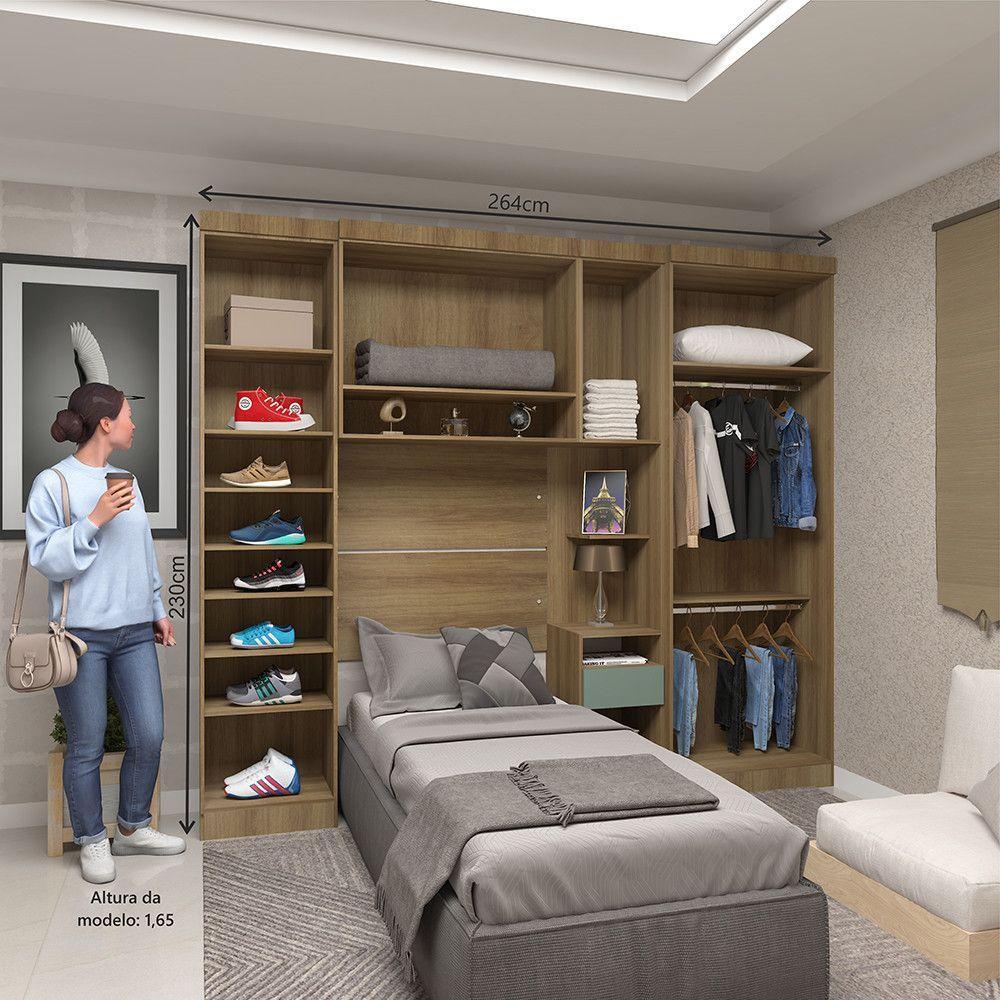 Quarto De Solteiro Com Guarda Roupas E Mesa De Cabeceira Paris Luciane Móveis Avelã Pf Com Verde Pf - 4