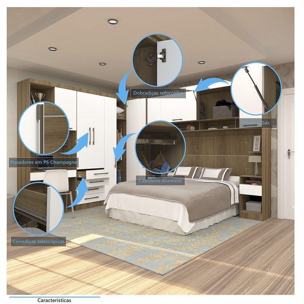 Quarto De Canto Casal Com Guarda Roupas Cabeceira E Bancada Home Office Paris Luciane Móveis Avelã Pf Com Branco Pf - 3