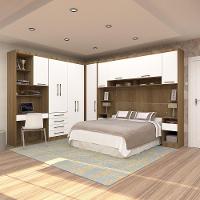 Quarto De Canto Casal Com Guarda Roupas Cabeceira E Bancada Home Office Paris Luciane Móveis Avelã Pf Com Branco Pf - 1