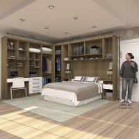 Quarto De Canto Casal Com Guarda Roupas Cabeceira E Bancada Home Office Paris Luciane Móveis Avelã Pf Com Branco Pf - 5