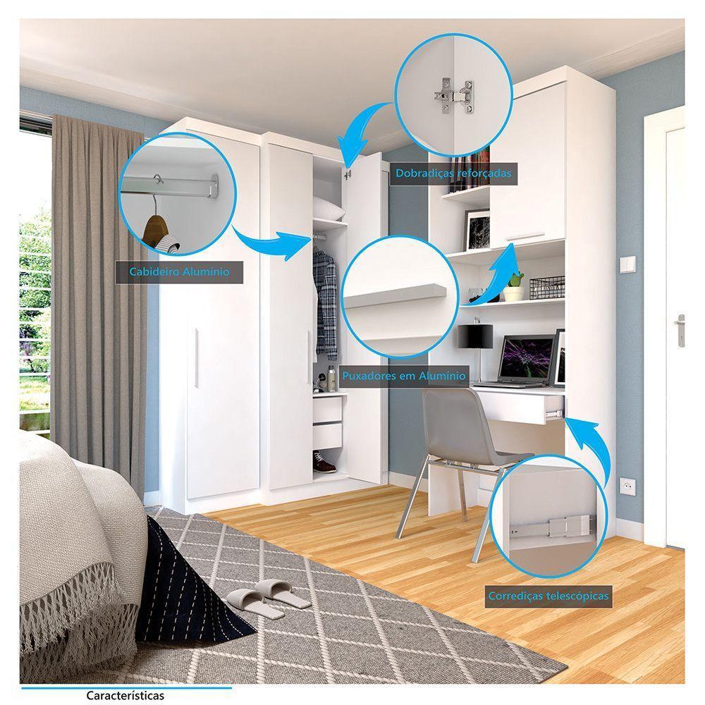 Quarto Home Office Com Guarda Roupas E Bancada De Estudos Alpes Luciane Móveis Branco Pf Com Branco Pf - 3