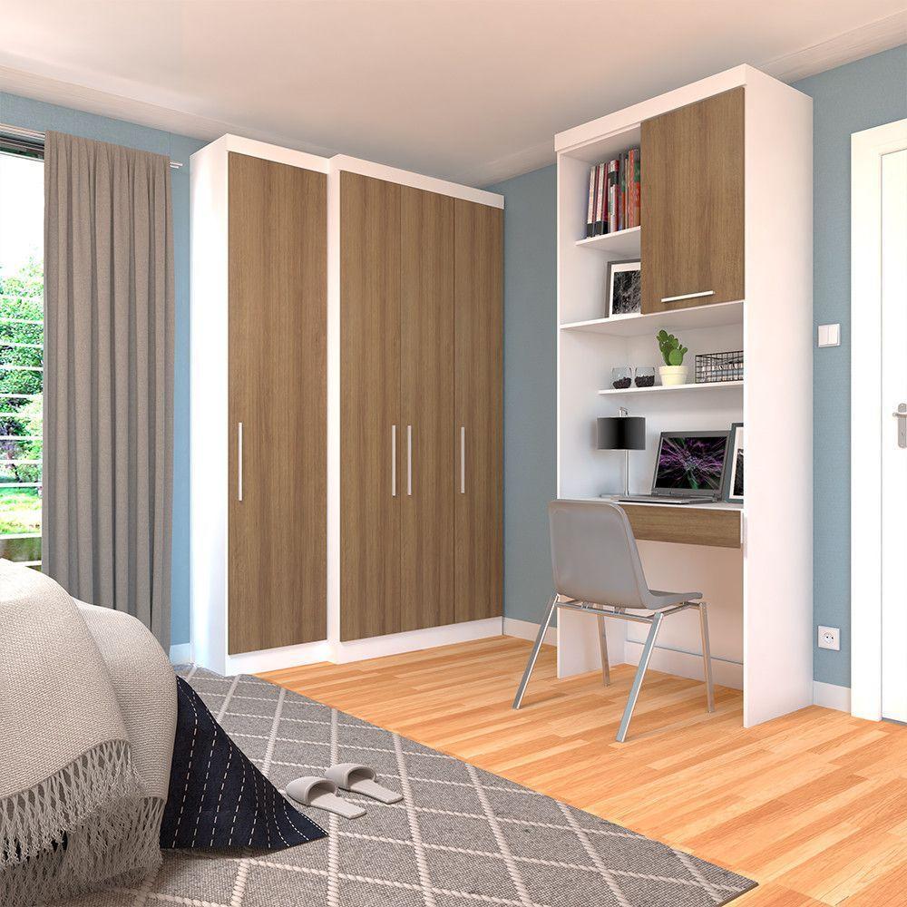 Quarto Home Office Com Guarda Roupas E Bancada De Estudos Alpes Luciane Móveis Branco Pf Com Avelã Pf - 1