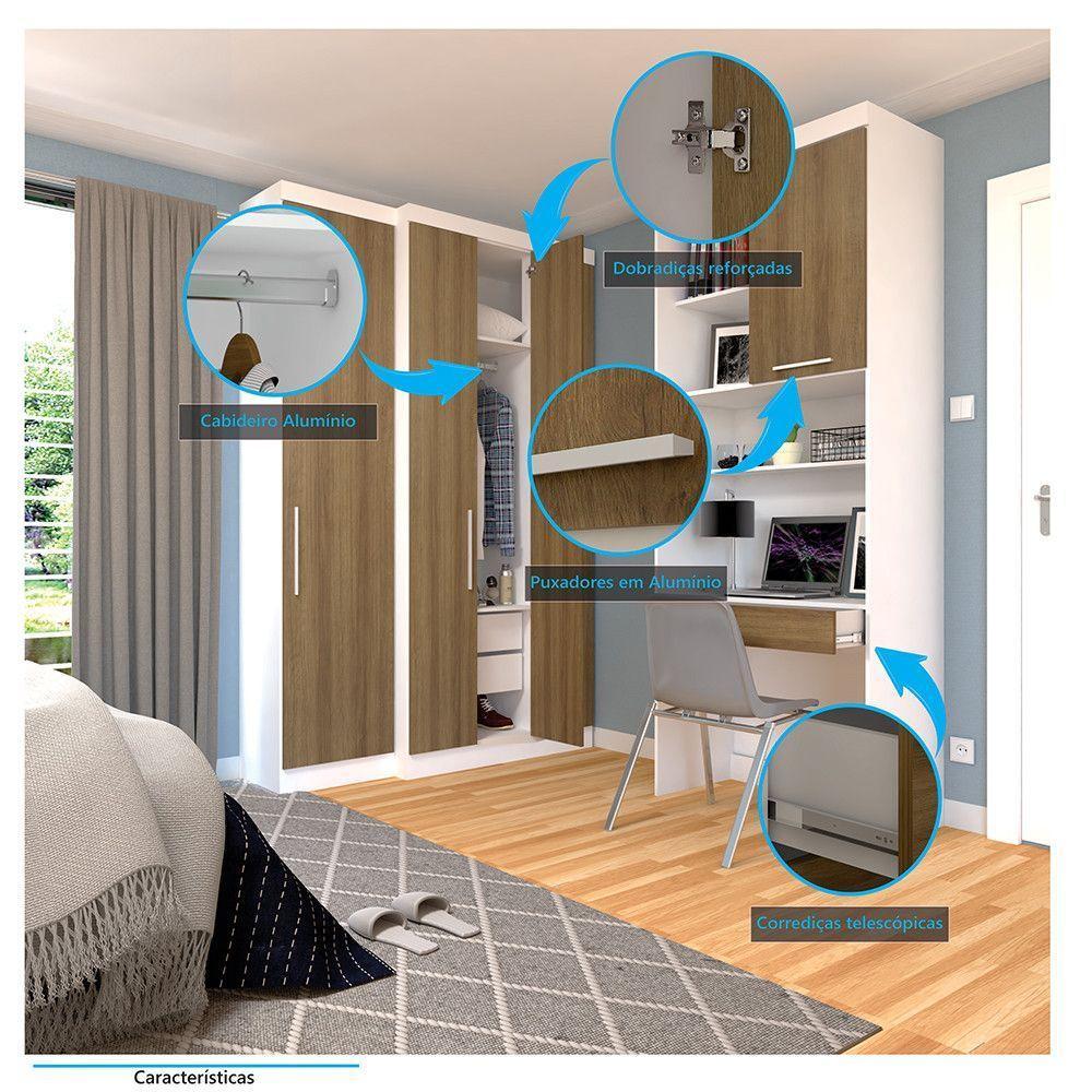 Quarto Home Office Com Guarda Roupas E Bancada De Estudos Alpes Luciane Móveis Branco Pf Com Avelã Pf - 3