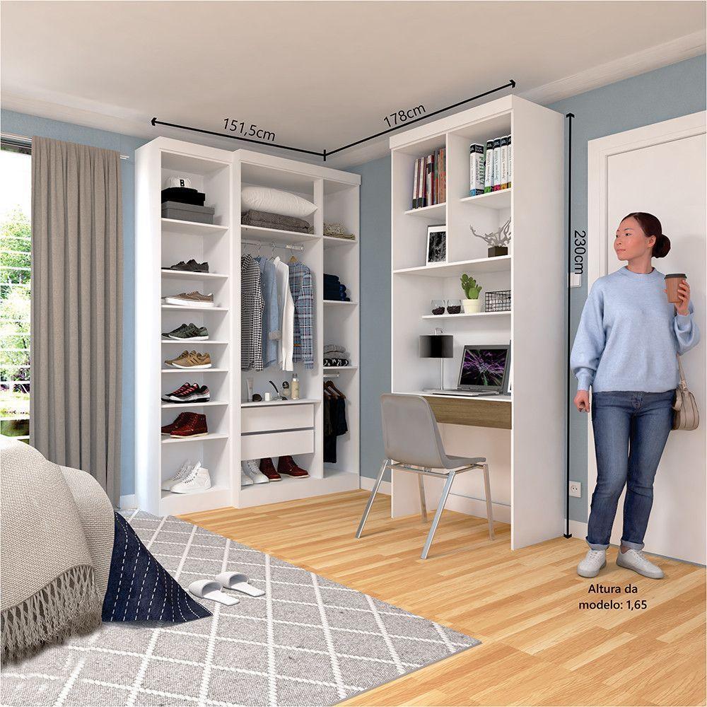 Quarto Home Office Com Guarda Roupas E Bancada De Estudos Alpes Luciane Móveis Branco Pf Com Avelã Pf - 5