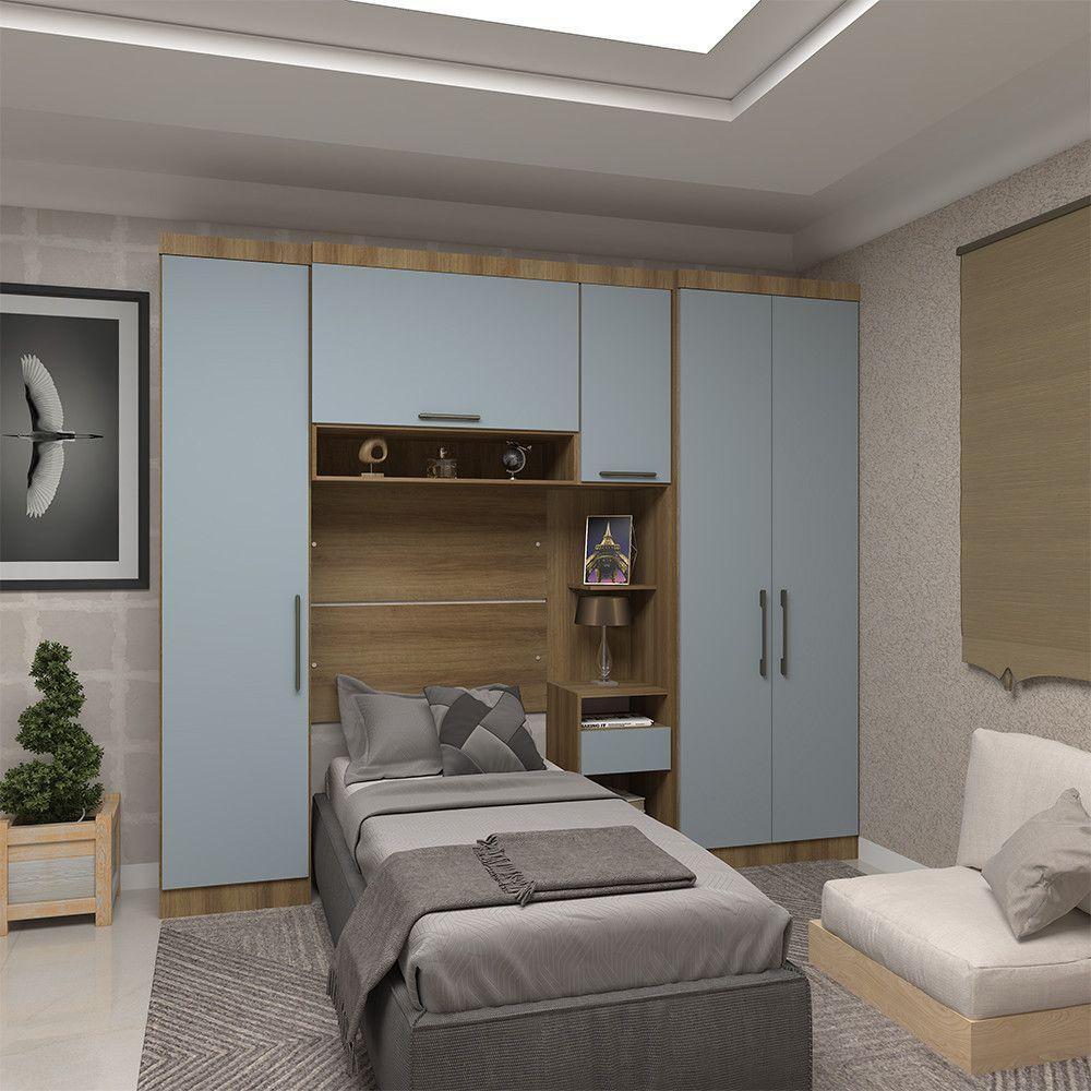 Quarto De Solteiro Com Guarda Roupas E Mesa De Cabeceira Paris Luciane Móveis Avelã Pf Com Grey Sky Pf - 1