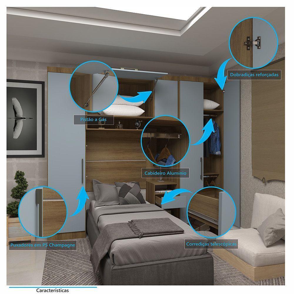 Quarto De Solteiro Com Guarda Roupas E Mesa De Cabeceira Paris Luciane Móveis Avelã Pf Com Grey Sky Pf - 3