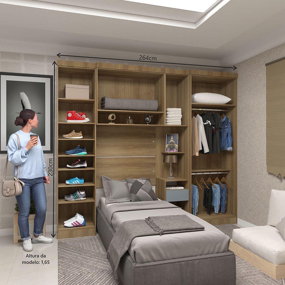 Quarto De Solteiro Com Guarda Roupas E Mesa De Cabeceira Paris Luciane Móveis Avelã Pf Com Grey Sky Pf - 5