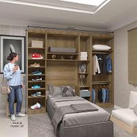 Quarto De Solteiro Com Guarda Roupas E Mesa De Cabeceira Paris Luciane Móveis Avelã Pf Com Grey Sky Pf - 5