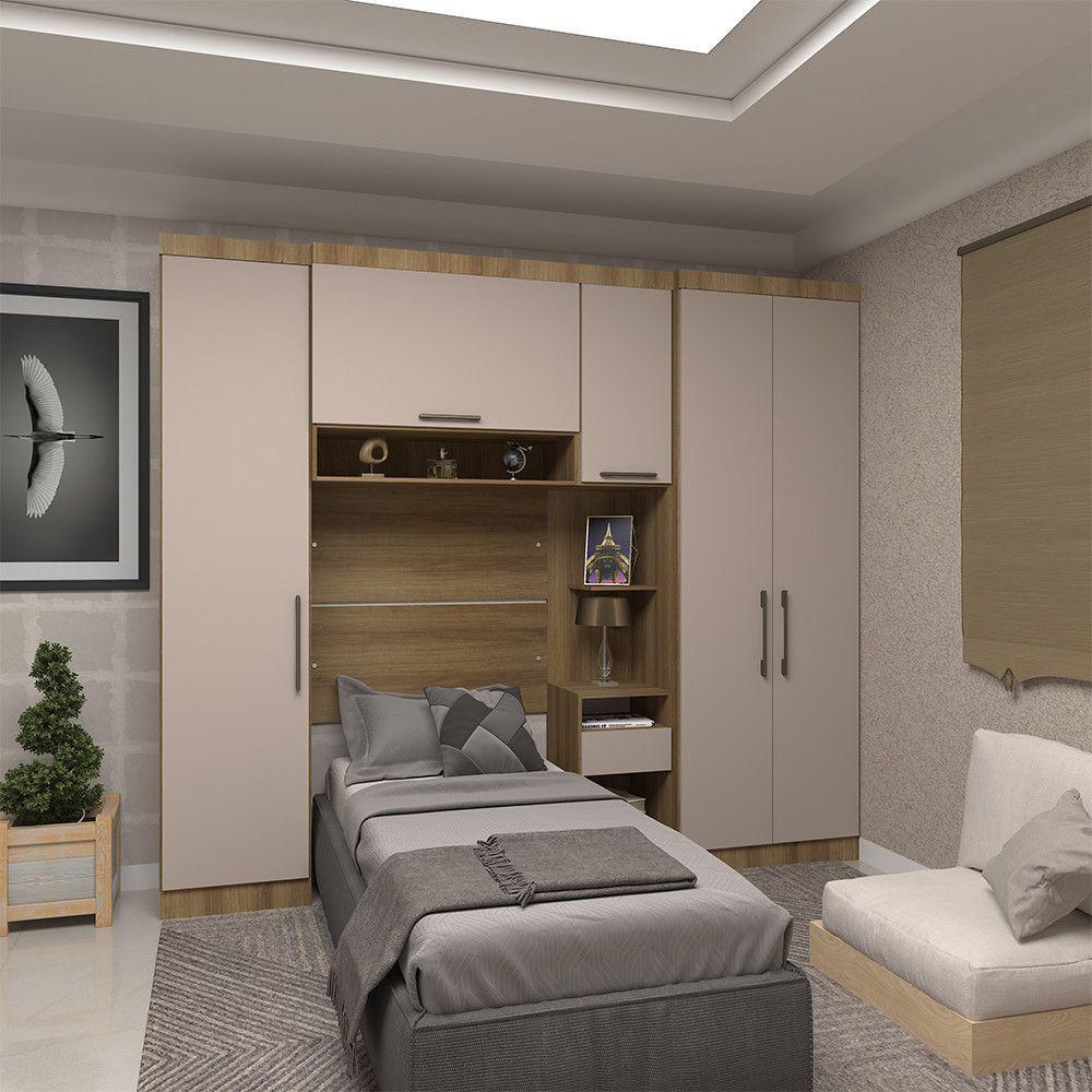 Quarto De Solteiro Com Guarda Roupas E Mesa De Cabeceira Paris Luciane Móveis Avelã Pf Com Cinammon Pf - 1