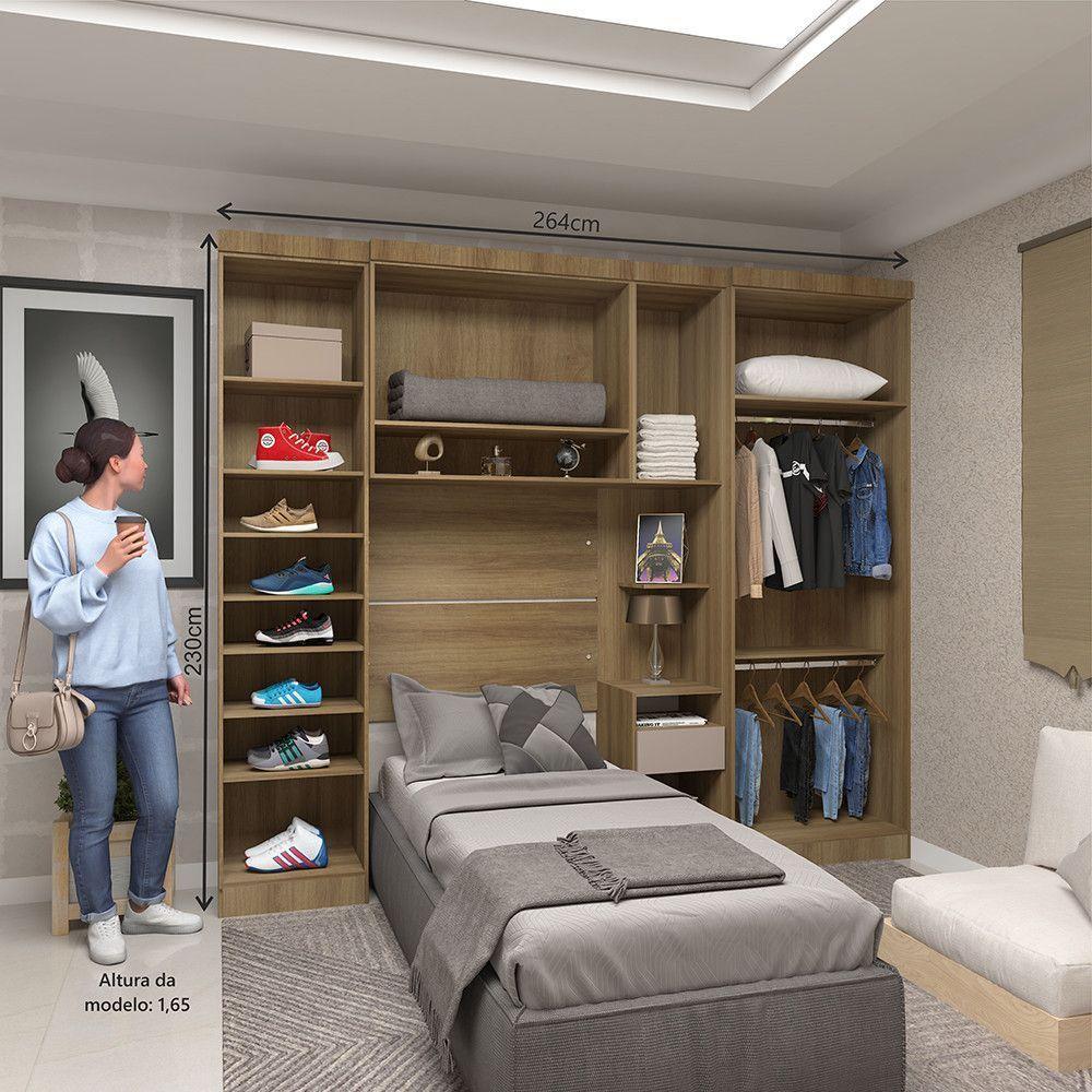 Quarto De Solteiro Com Guarda Roupas E Mesa De Cabeceira Paris Luciane Móveis Avelã Pf Com Cinammon Pf - 5