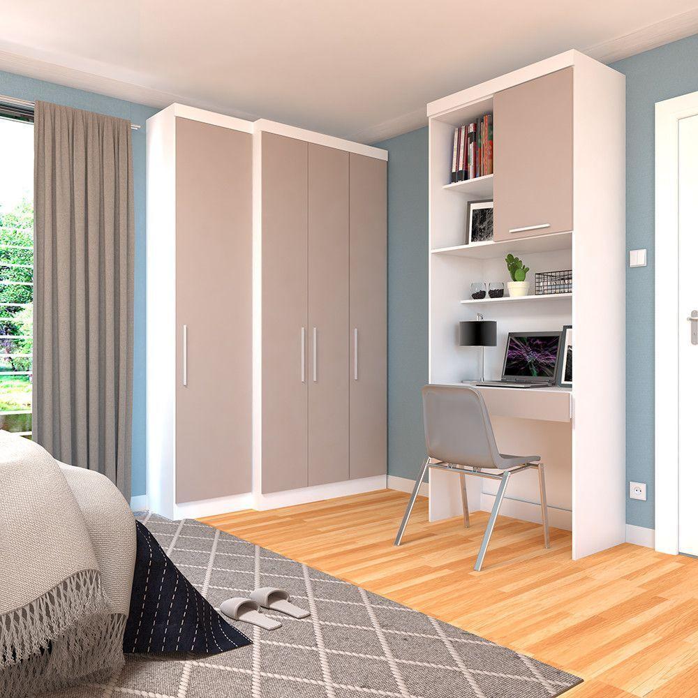Quarto Home Office Com Guarda Roupas E Bancada De Estudos Alpes Luciane Móveis Branco Pf Com Cinammon Pf - 1