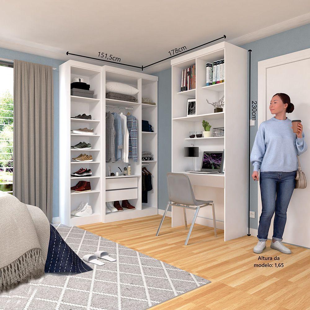 Quarto Home Office Com Guarda Roupas E Bancada De Estudos Alpes Luciane Móveis Branco Pf Com Cinammon Pf - 5