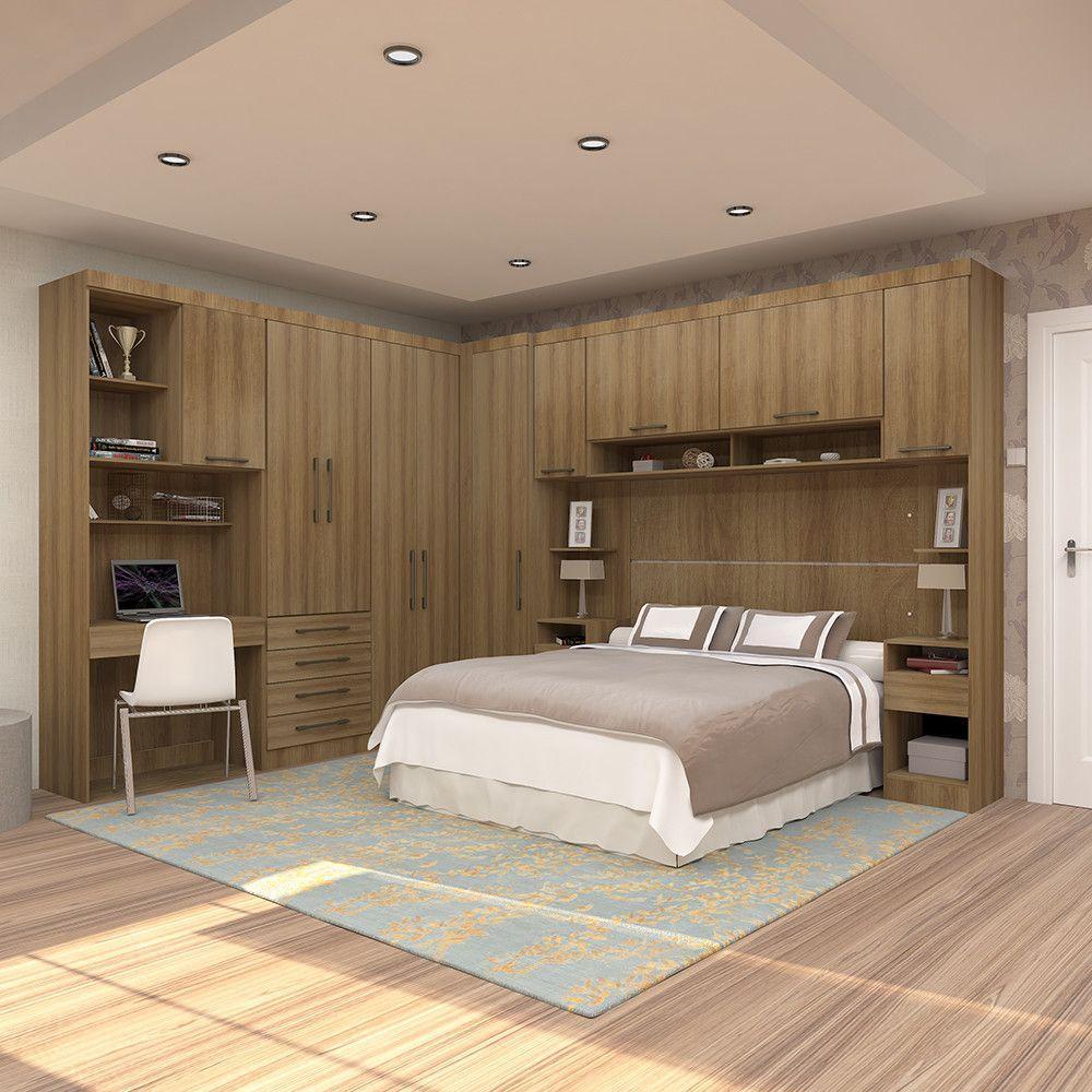 Quarto De Canto Casal Com Guarda Roupas Cabeceira E Bancada Home Office Paris Luciane Móveis Avelã Pf Com Avelã Pf - 1