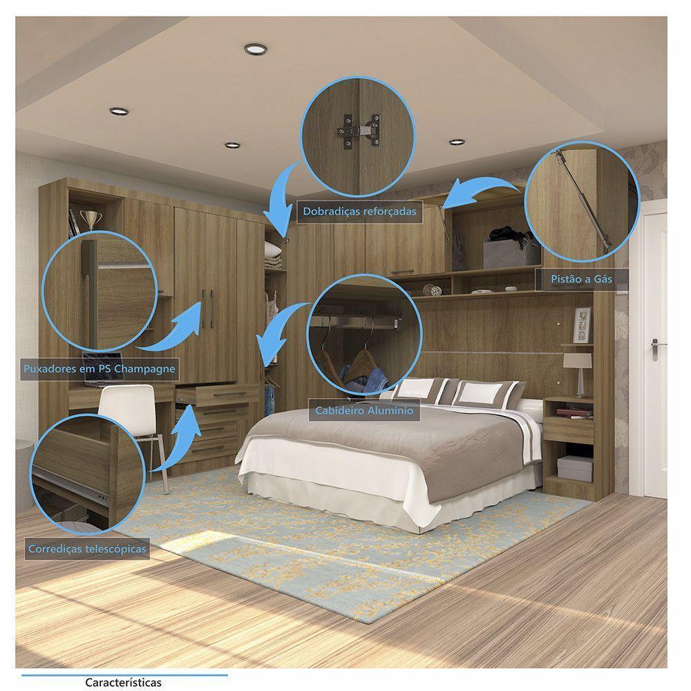 Quarto De Canto Casal Com Guarda Roupas Cabeceira E Bancada Home Office Paris Luciane Móveis Avelã Pf Com Avelã Pf - 3