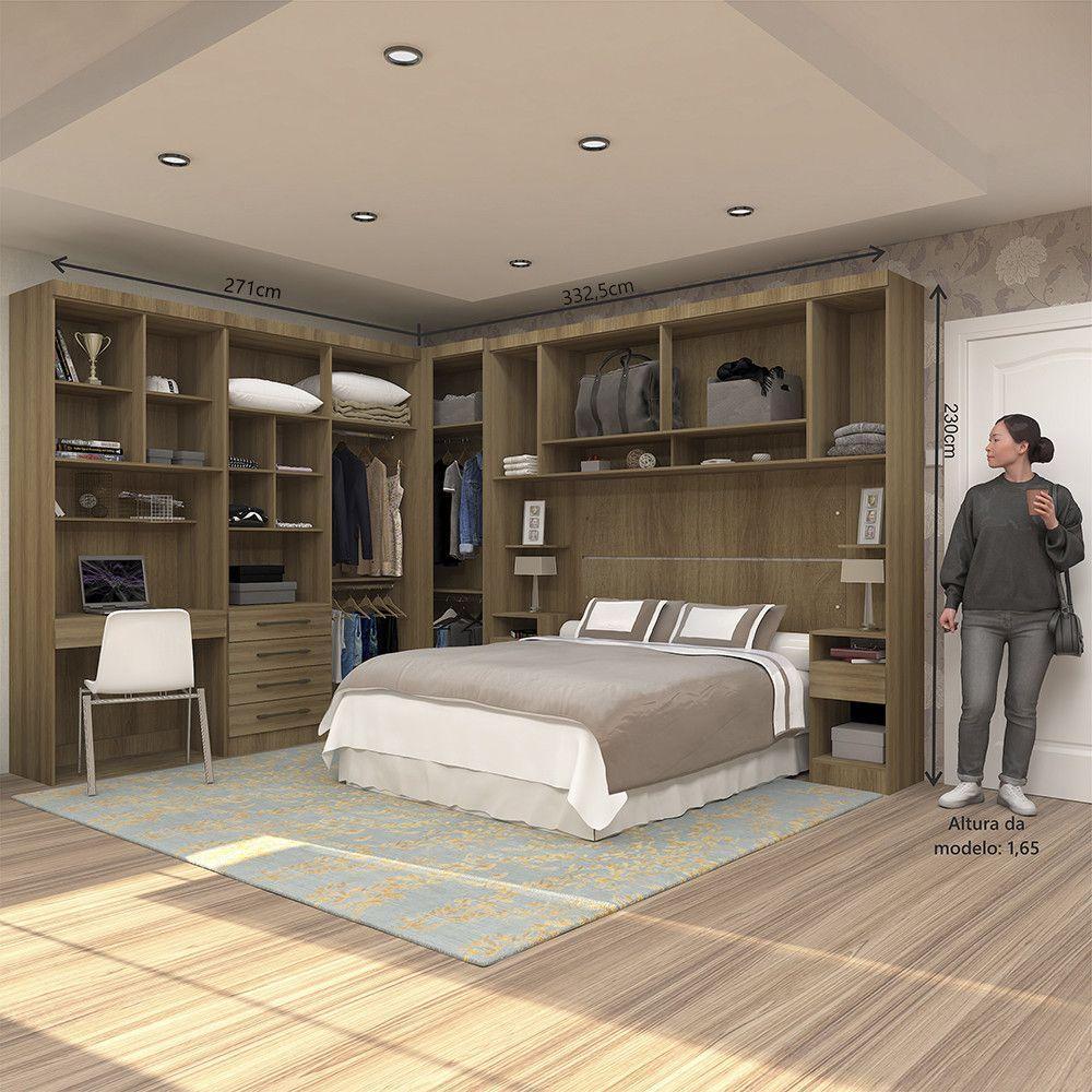 Quarto De Canto Casal Com Guarda Roupas Cabeceira E Bancada Home Office Paris Luciane Móveis Avelã Pf Com Avelã Pf - 5