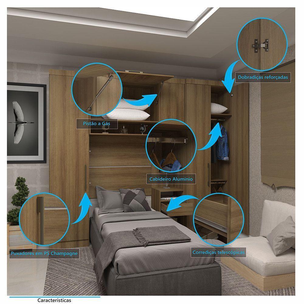 Quarto De Solteiro Com Guarda Roupas E Mesa De Cabeceira Paris Luciane Móveis Avelã Pf Com Avelã Pf - 2