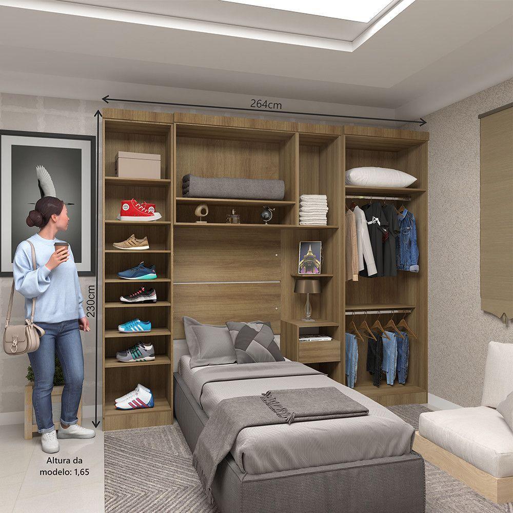 Quarto De Solteiro Com Guarda Roupas E Mesa De Cabeceira Paris Luciane Móveis Avelã Pf Com Avelã Pf - 4