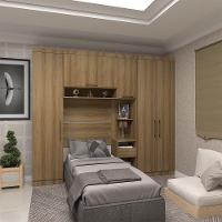 Quarto De Solteiro Com Guarda Roupas E Mesa De Cabeceira Paris Luciane Móveis Avelã Pf Com Avelã Pf - 1