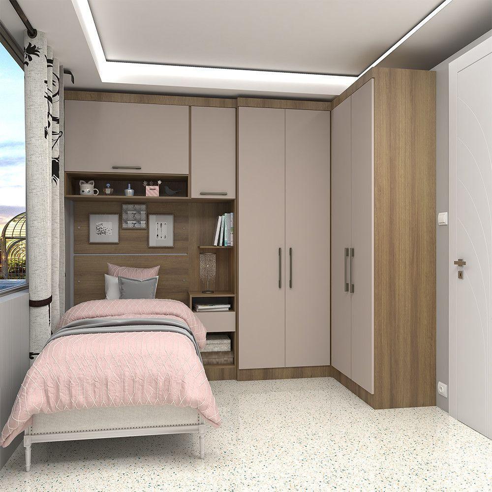 Quarto De Canto Solteiro Com Guarda Roupas Cabeceira E Mesa De Cabeceira Paris Luciane Móveis Avelã Pf Com Cinammon Pf - 1