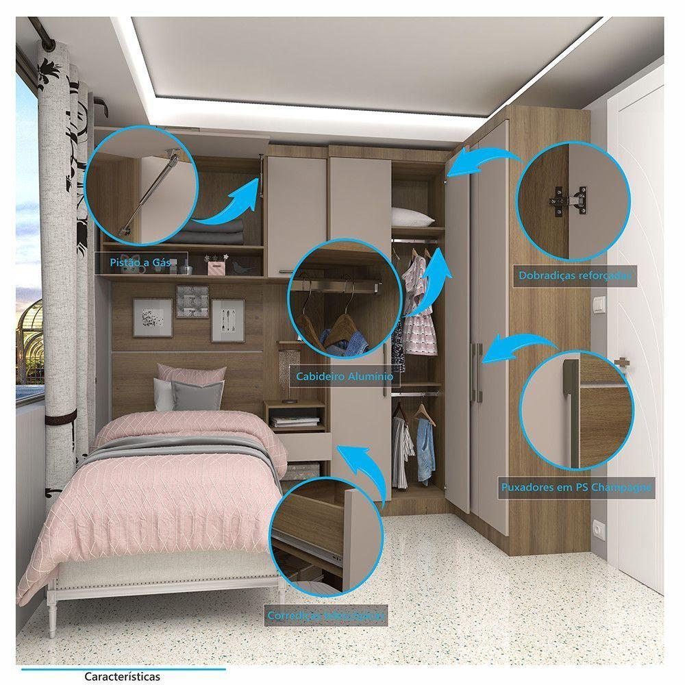 Quarto De Canto Solteiro Com Guarda Roupas Cabeceira E Mesa De Cabeceira Paris Luciane Móveis Avelã Pf Com Cinammon Pf - 7