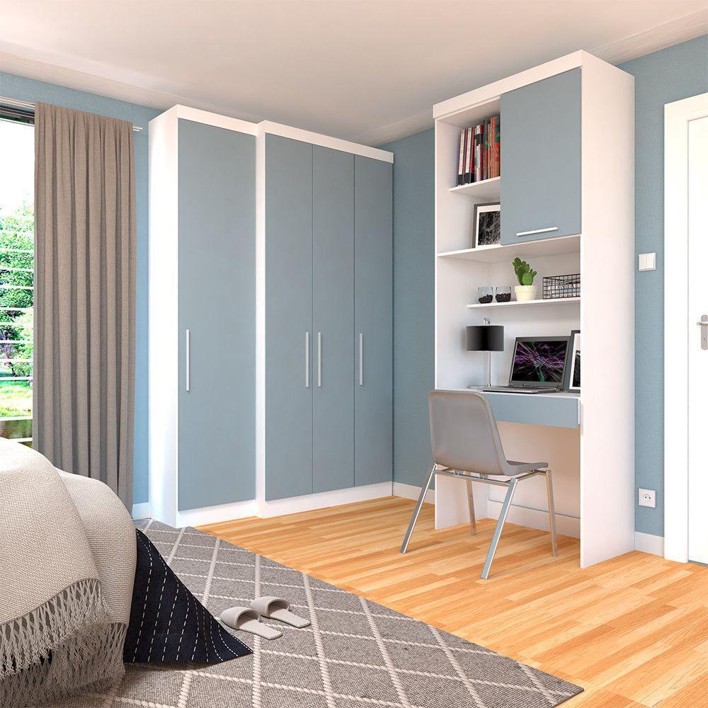 Quarto Home Office Com Guarda Roupas E Bancada De Estudos Alpes Luciane Móveis Branco Pf Com Grey Sky Pf - 1