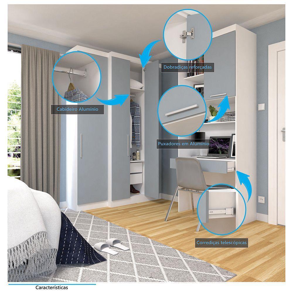 Quarto Home Office Com Guarda Roupas E Bancada De Estudos Alpes Luciane Móveis Branco Pf Com Grey Sky Pf - 3