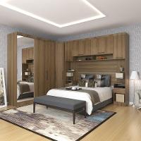 Quarto De Canto Casal Com Guarda Roupas Com Espelho E Mesas De Cabeceira Paris Luciane Móveis Avelã Pf Com Avelã Pf - 1