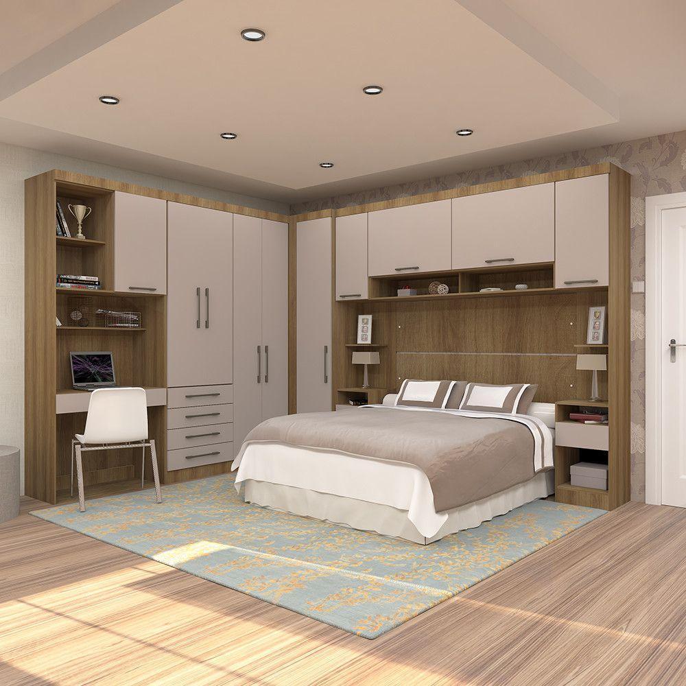 Quarto De Canto Casal Com Guarda Roupas Cabeceira E Bancada Home Office Paris Luciane Móveis Avelã Pf Com Cinammon Pf - 1