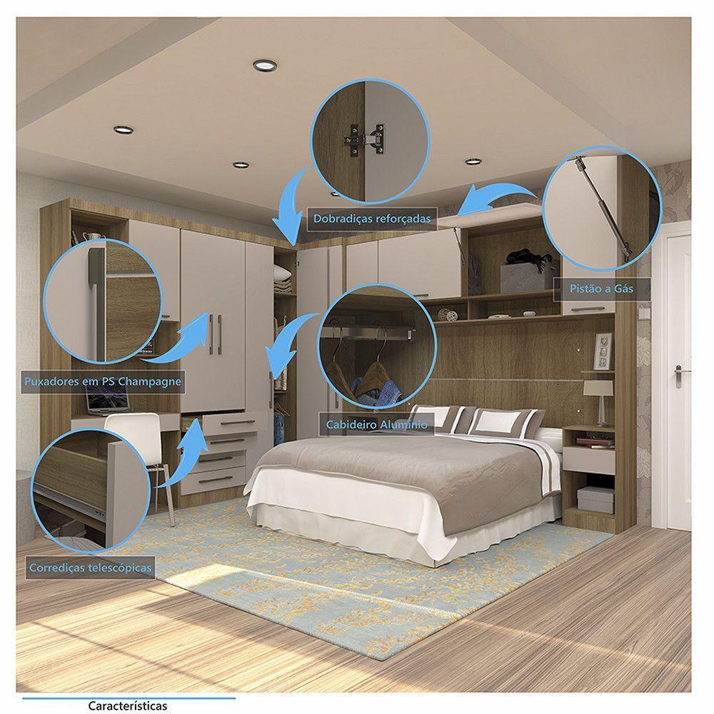 Quarto De Canto Casal Com Guarda Roupas Cabeceira E Bancada Home Office Paris Luciane Móveis Avelã Pf Com Cinammon Pf - 3