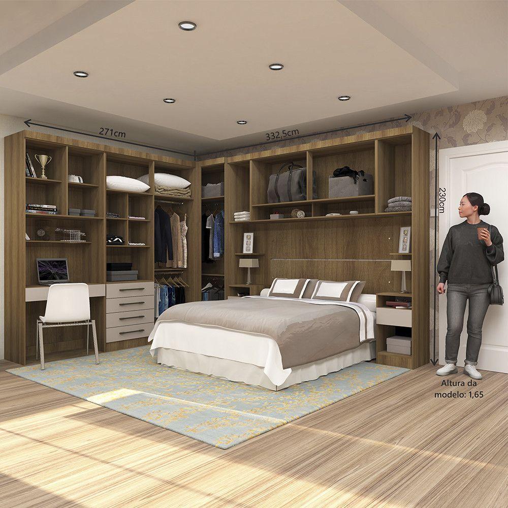 Quarto De Canto Casal Com Guarda Roupas Cabeceira E Bancada Home Office Paris Luciane Móveis Avelã Pf Com Cinammon Pf - 5