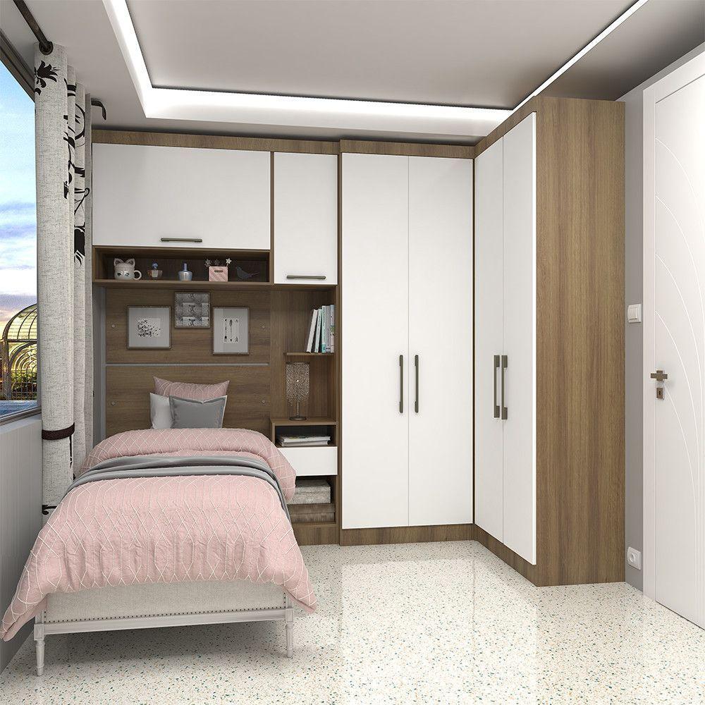 Quarto De Canto Solteiro Com Guarda Roupas Cabeceira E Mesa De Cabeceira Paris Luciane Móveis Avelã Pf Com Branco Pf - 1