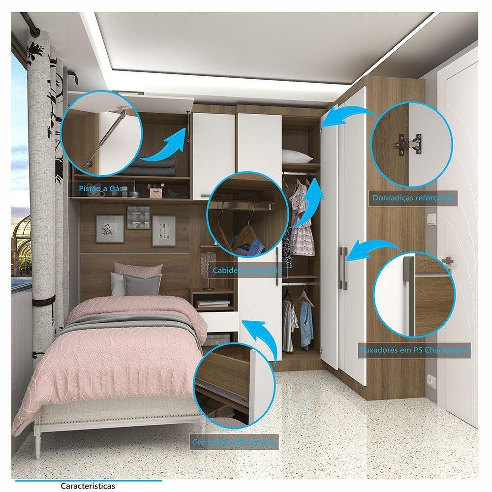 Quarto De Canto Solteiro Com Guarda Roupas Cabeceira E Mesa De Cabeceira Paris Luciane Móveis Avelã Pf Com Branco Pf - 6