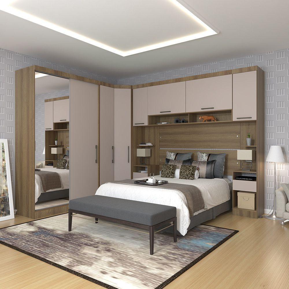 Quarto De Canto Casal Com Guarda Roupas Com Espelho E Mesas De Cabeceira Paris Luciane Móveis Avelã Pf Com Cinammon Pf - 1