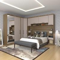 Quarto De Canto Casal Com Guarda Roupas Com Espelho E Mesas De Cabeceira Paris Luciane Móveis Avelã Pf Com Cinammon Pf - 1
