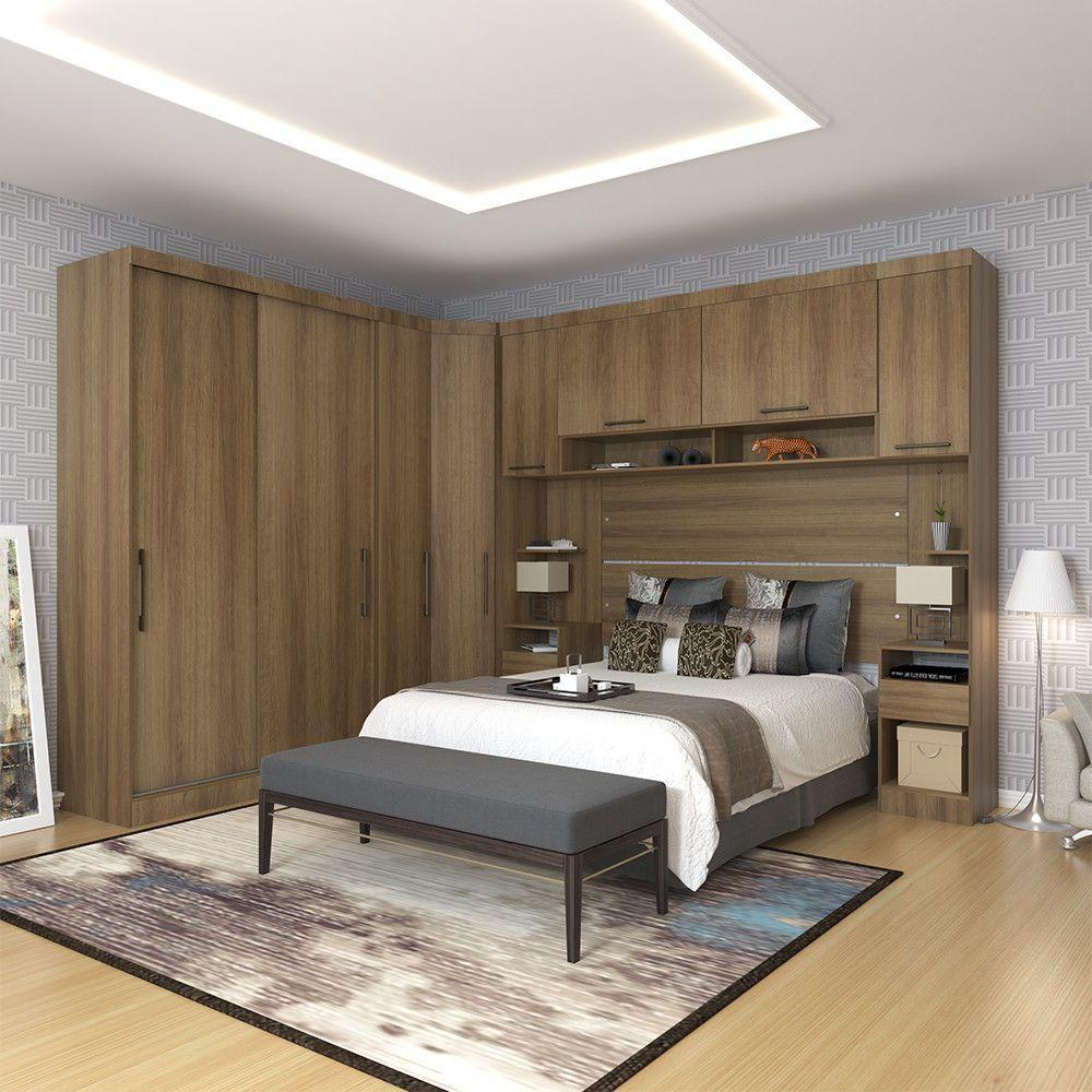 Quarto De Canto Casal Com Guarda Roupas Cabeceira E Mesas De Cabeceira Paris Luciane Móveis Avelã Pf Com Avelã Pf - 1