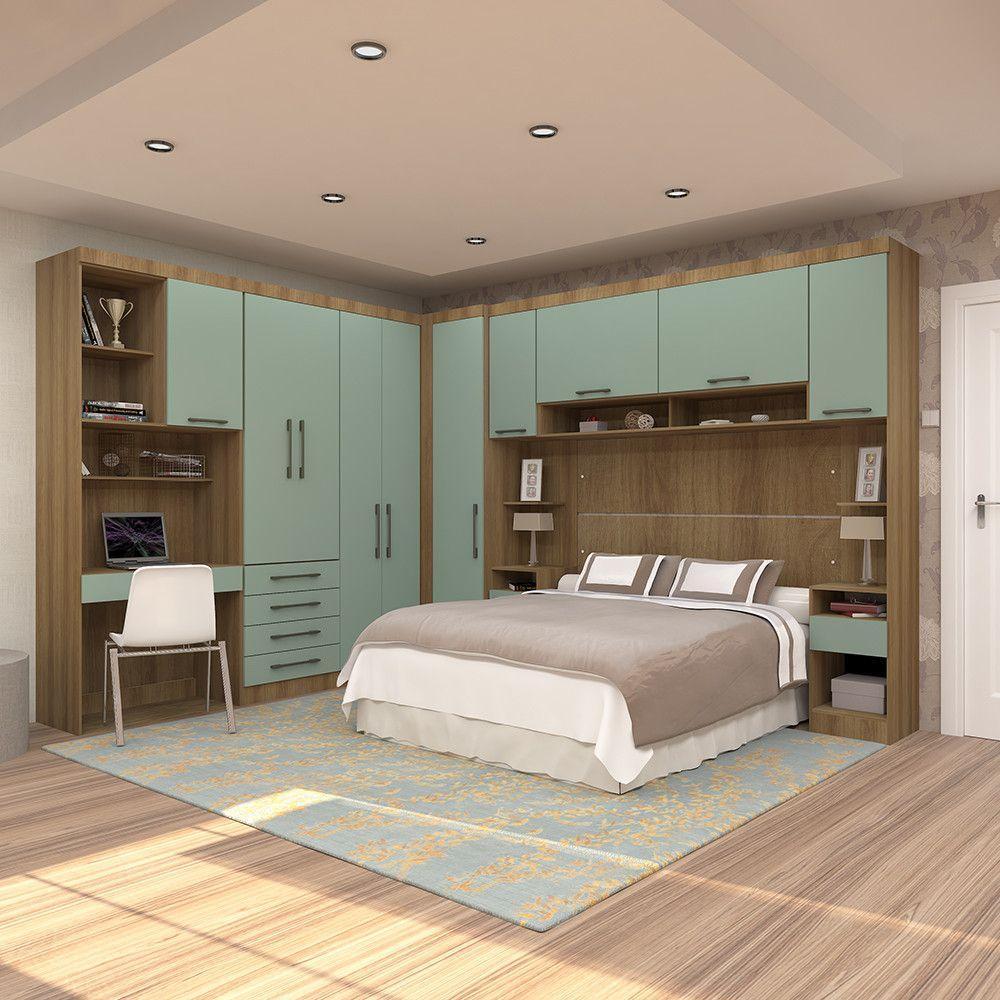 Quarto De Canto Casal Com Guarda Roupas Cabeceira E Bancada Home Office Paris Luciane Móveis Avelã Pf Com Verde Pf - 1
