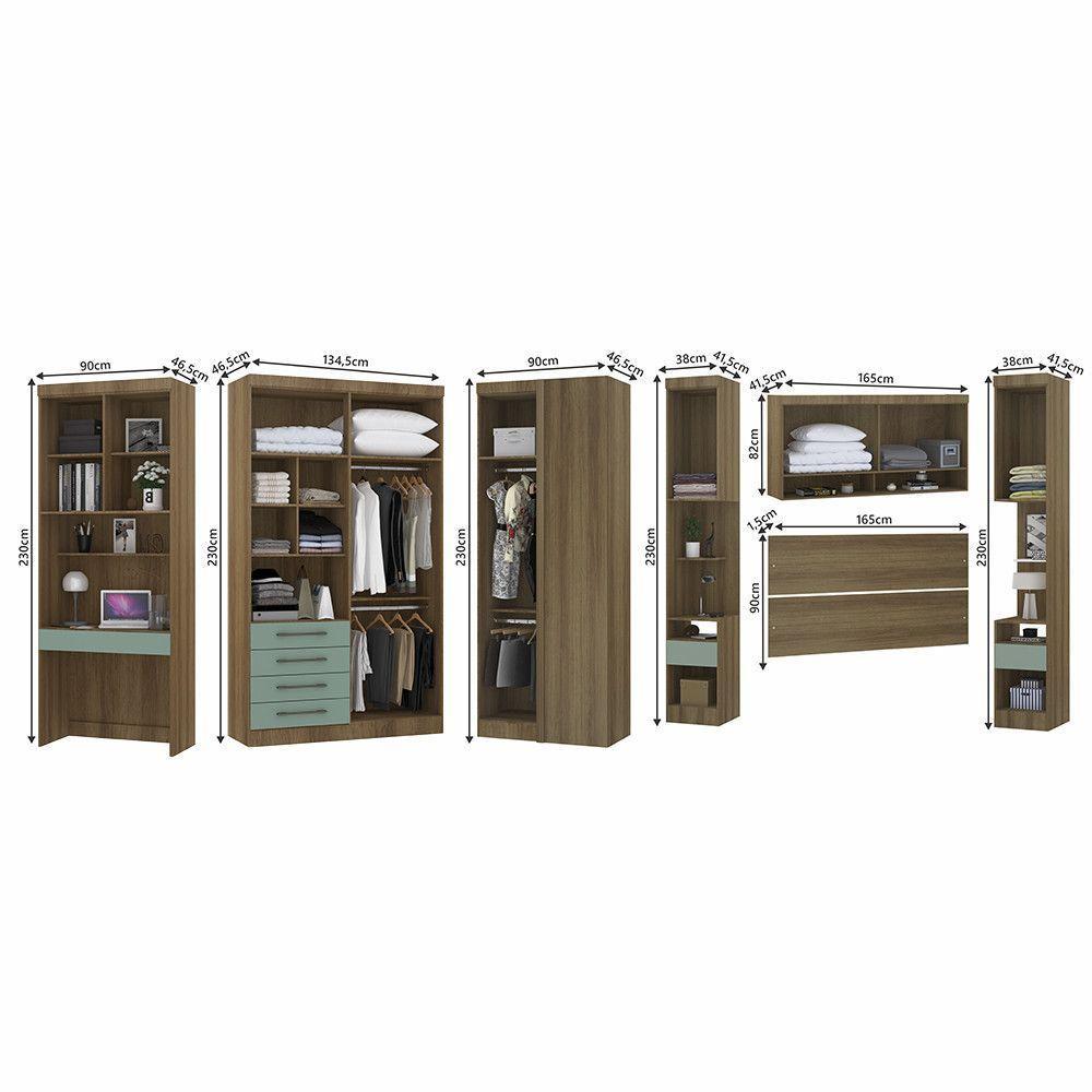 Quarto De Canto Casal Com Guarda Roupas Cabeceira E Bancada Home Office Paris Luciane Móveis Avelã Pf Com Verde Pf - 4