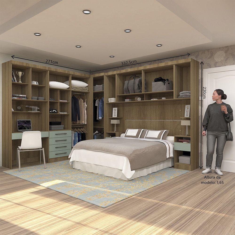 Quarto De Canto Casal Com Guarda Roupas Cabeceira E Bancada Home Office Paris Luciane Móveis Avelã Pf Com Verde Pf - 5