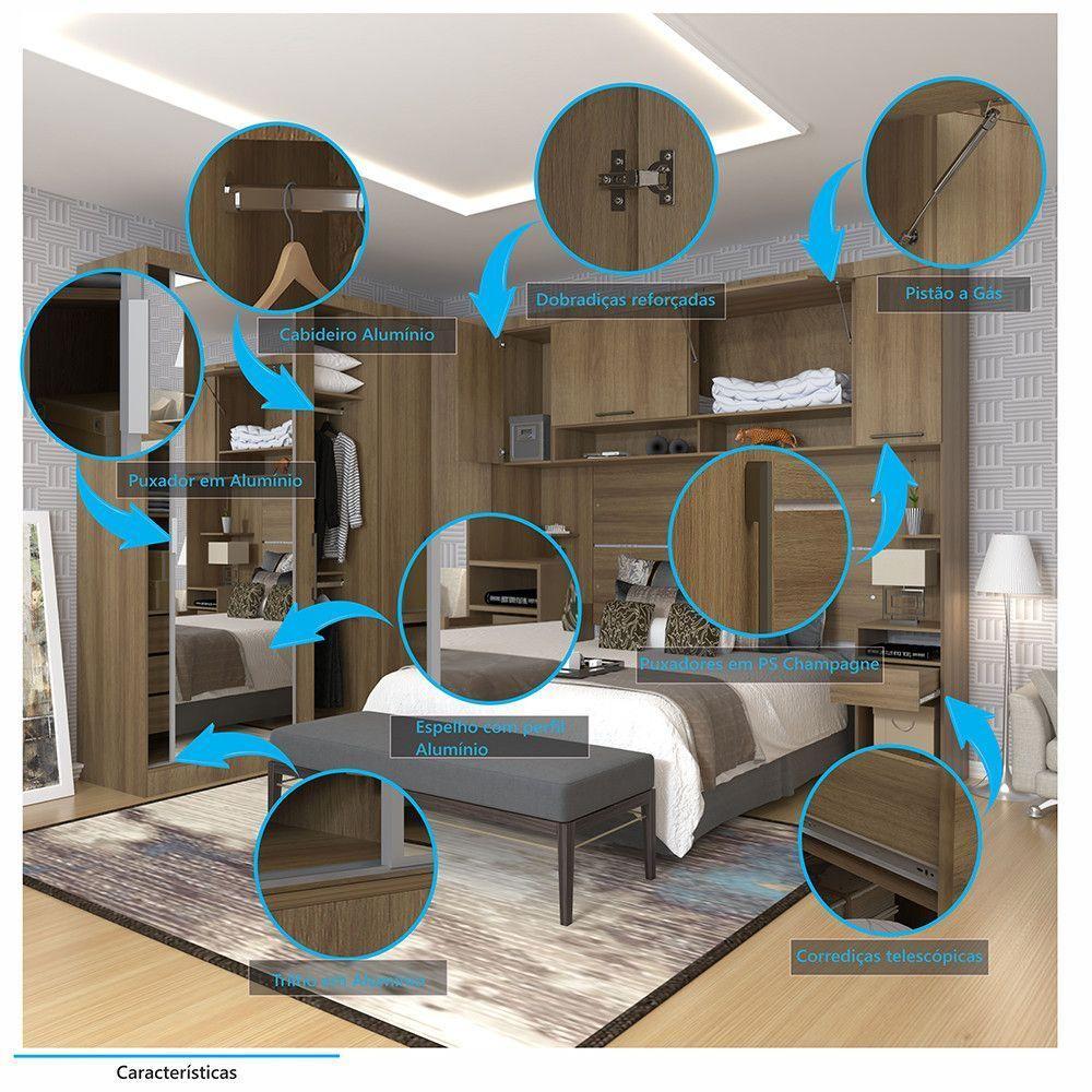 Quarto De Canto Casal Com Guarda Roupas Com Espelho E Mesas De Cabeceira Paris Luciane Móveis Avelã Pf Com Branco Pf - 4