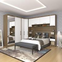 Quarto De Canto Casal Com Guarda Roupas Com Espelho E Mesas De Cabeceira Paris Luciane Móveis Avelã Pf Com Branco Pf - 1