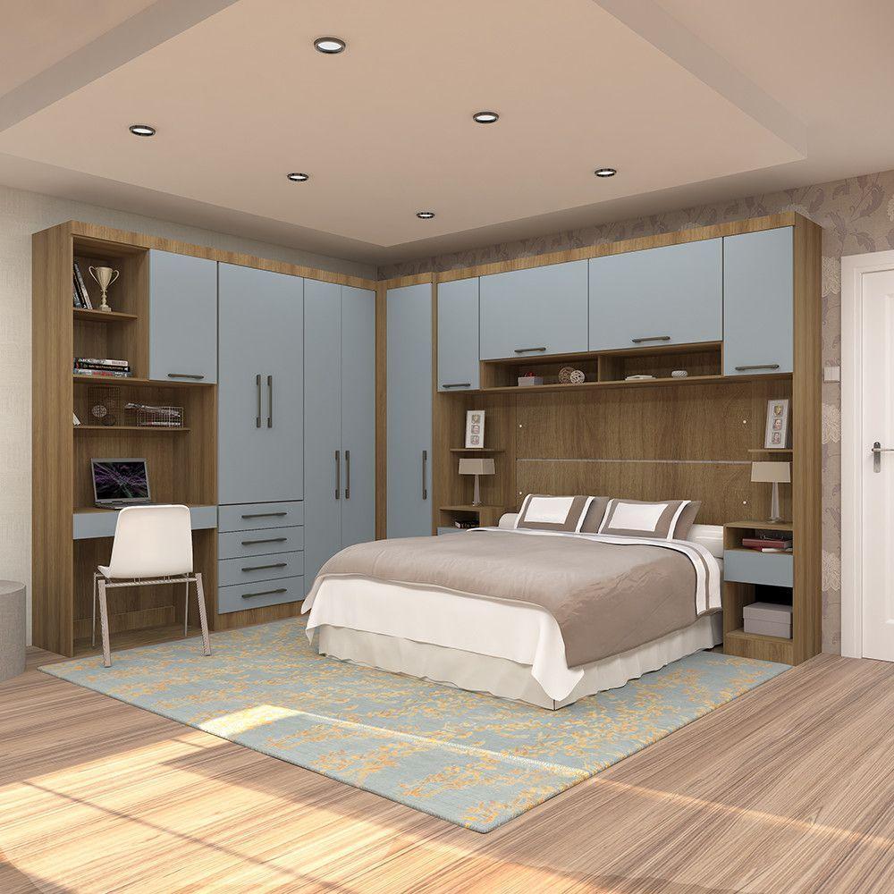 Quarto De Canto Casal Com Guarda Roupas Cabeceira E Bancada Home Office Paris Luciane Móveis Avelã Pf Com Grey Sky Pf - 1