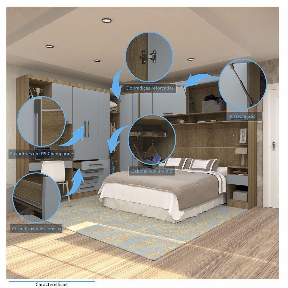 Quarto De Canto Casal Com Guarda Roupas Cabeceira E Bancada Home Office Paris Luciane Móveis Avelã Pf Com Grey Sky Pf - 3